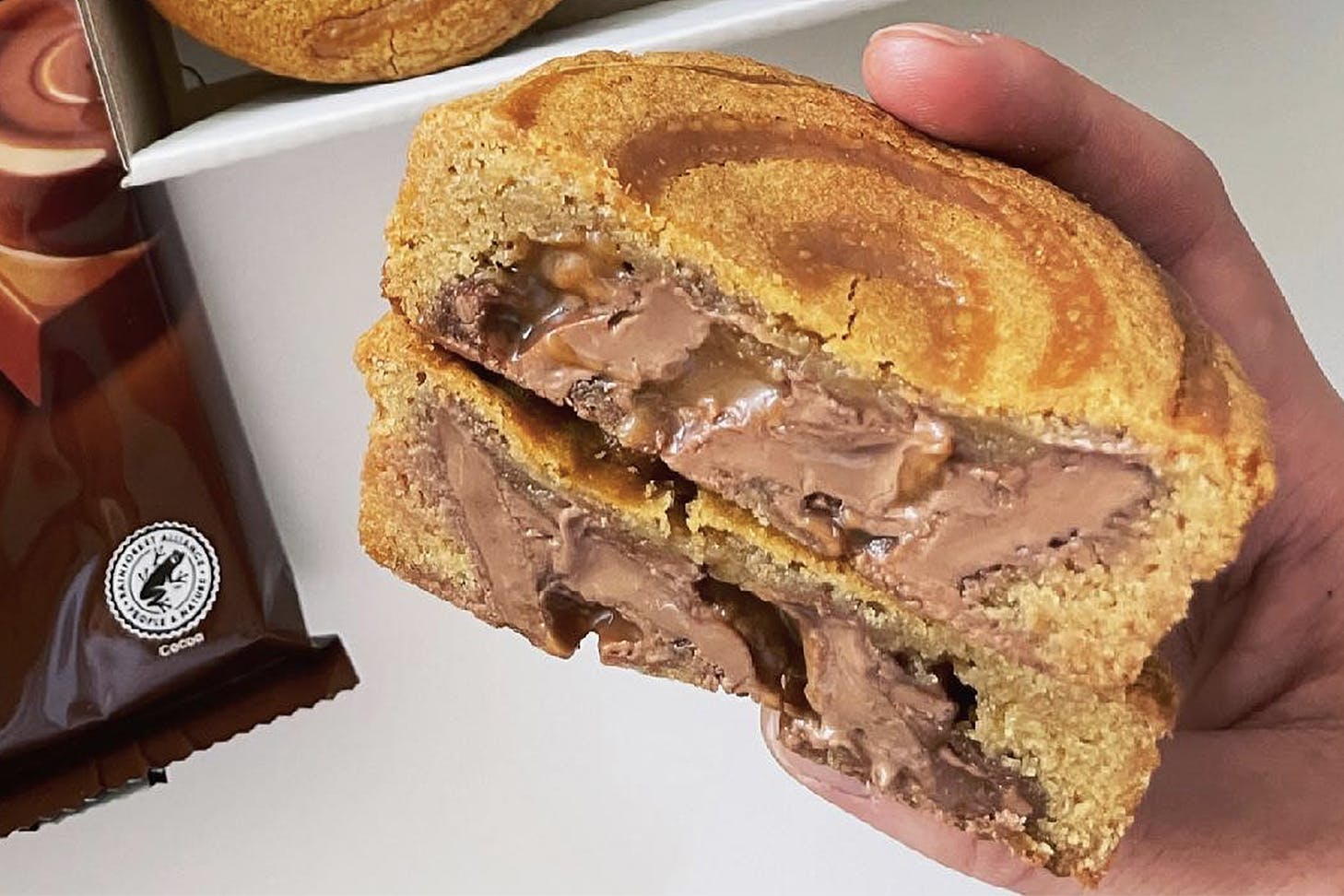 Up close with a Rolo cookie pie.